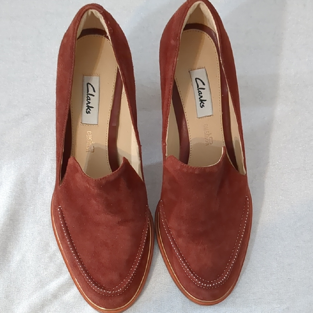 Clarks Women's Suede Loafers - Rust Ellis Mable Block Heels